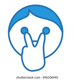 emoticon expressing "watching you" gesture with fingers pointing to eyes, funny cartoon character with simplistic facial expression, simple hand drawn line icon from a set, circle or ball shaped emoji