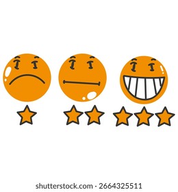Conjunto de expresión de emoticonos y revisión de estrellas en dibujos animados dibujados a mano de doodle