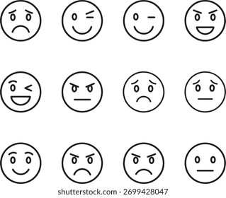 Emoticon Expressions Icons Set - Line Art of Various Smiley and Mood Faces