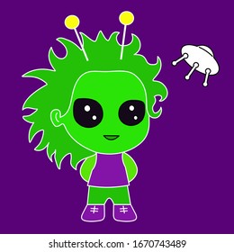 emoticon with extraterrestrial green boy alien with big eyes and antenna ears under its ufo flying saucer, vector emoji in color