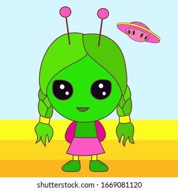 emoticon with extraterrestrial green girl alien with big eyes and antenna ears under its ufo flying saucer, vector emoji in color