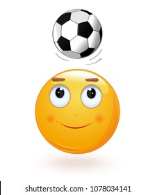 Emoticon face bumping soccer ball on its head. Smiley mascot playing football. Emoticon guy with a soccer ball. Vector illustration