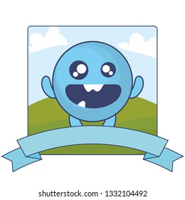 emoticon face with crazy teeth and ribbon in the field