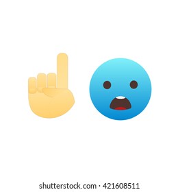 Emoticon face and hand icon meaning attention. Emoji modern flat illustration. 