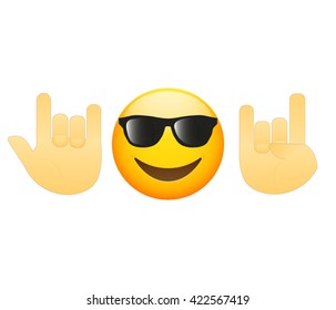 Emoticon face and hand icon meaning rock and roll. Emoji modern flat illustration. 