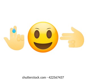 Emoticon face and hand icons meaning joke. Emoji modern flat illustration. 