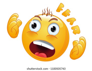 Emoticon face in horror. The frightened smiley screams in fear. Panic emoticon. Emoji hair stood on end with fear. Vector illustration