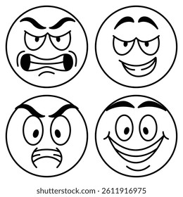 Emoticon Face Icon Set. Hand Drawn Sketch Emoji with Different Emotion and Mood