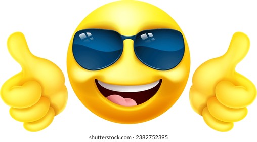 An or emoticon face icon in sunglasses giving a thumbs up cartoon 