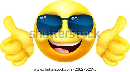 An or emoticon face icon in sunglasses giving a thumbs up cartoon 