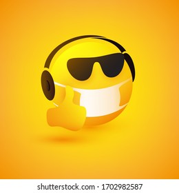 Emoticon, Face with Mask, Sunglasses and Headphones, Showing Thumbs Up on Yellow Background - Listening to Music at Home During the Time of Pandemic- Vector Design Concept
