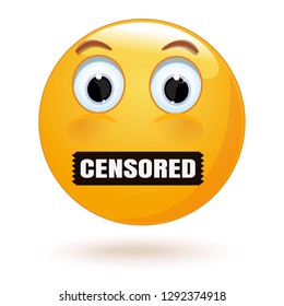 Emoticon face with a mouth taped up. Censored symbol. Emoji symbolizing censorship. Silence icon. Vector illustration