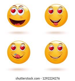 Emoticon face set with hearts instead of eyes. The collection of love emoticons. Yellow emoji set for Valentines Day. Vector illustration