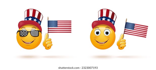 Emoticon face set in Uncle Sams hat and with the USA flag. Funny emoji celebrates US Independence Day. Vector illustration isolated on white