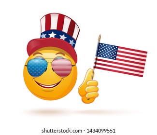 Emoticon face in Uncle Sams hat and the US flag in his hand. 4 July. US Independence Day. Emoji celebrates Independence Day. Vector illustration