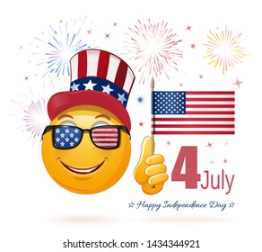 Emoticon face in Uncle Sams hat and the US flag in his hand. 4 July. Emoji celebrates US Independence Day. Vector illustration