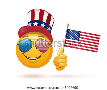 Emoticon face in Uncle Sams hat and the US flag in his hand. 4 July. US Independence Day. Emoji celebrates Independence Day. Vector illustration