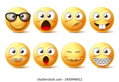 Emoticon face vector icon set. Funny emoticon smiling face with eyeglasses, zipped mouth and teeth braces facial expressions isolated in white for design elements. Vector illustration.
