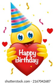 Emoticon face wears birthday hat holding the heart shape with Happy Birthday message, vector illustration