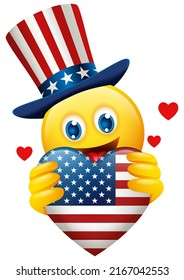 Emoticon face wears Uncle Sam hat holding the heart shape of USA insignia, vector illustration