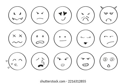 Emoticon faces icon set vector in doodle style. Simple Emoji pictograms in hand drawn style. Sketch, comic emotion faces. Signs of lol, love, happy, cry, sad face.