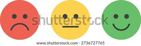 Emoticon faces in red, yellow, green circles, sad, neutral, happy expressions for feedback, survey, emotion design