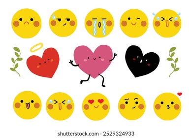 Emoticon Faces with various Emotions. Emoji and love cartoon characters. Cartoon style. Flat design. Hand drawn trendy Vector illustration