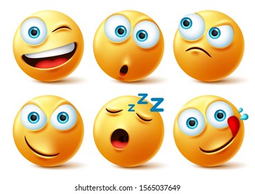 Emoticon faces vector set. Emoticons of yellow face in naughty, sleepy, hungry, surprise and angry in 3d realistic avatar isolated in white background. Vector illustration.