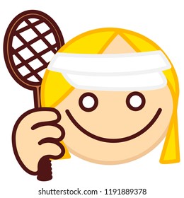 emoticon with Female tennis player that is holding a tenis racquet or racket in her hand and wearing a cap, woman prepared to strike back, circle shaped vector emoji in color