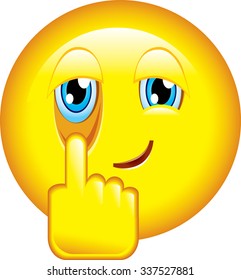 Emoticon with finger pulling eye. You Cheating me symbol. Vector illustration.