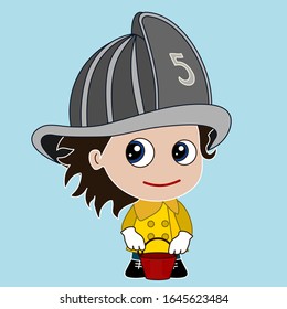 Emoticon with a fireman boy in a yellow raincoat and a fire helmet, firefighter stands and holding a red bucket in his hand