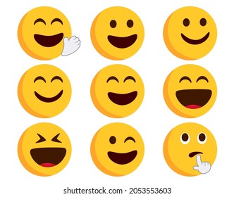 Emoticon flat vector set. Emoticons character in happy, smiling and laughing expressions with hand gestures of waving and thinking for emoji collection design. Vector illustration.
