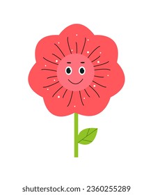 Emoticon flower concept. Red blossom plant with face. Positivity and optimism. Sticker for social networks and messengers. Cartoon flat vector illustration isolated on white background