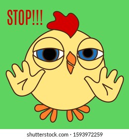 Emoticon with a friendly chicken who stands and shows with his hands a stop sign, color simple vector emoji
