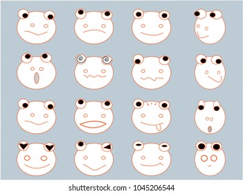 Emoticon, frog face, variety of emotions, smile, sad, lonely, glad, sorry, not understand, have love, surprise, and more