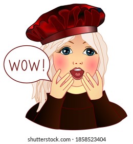 Emoticon with a funny enthusiastic girl, clutching his hands to his chest, and says Wow, color illustration on white background