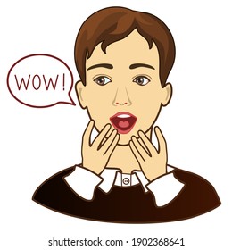 Emoticon with a funny enthusiastic man, clutching his hands to his chest, and says Wow, color illustration on white background