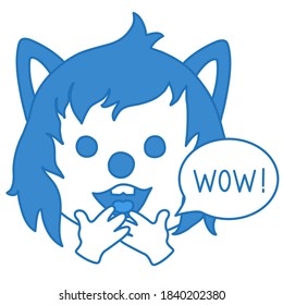 Emoticon with a funny enthusiastic wolf who clutching his hands to his chin, and says Wow, color clip art on a white isolated background
