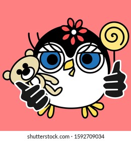 emoticon with a funny girl penguin, which stand and holds in one hand a lollipop, and in the other a Teddy bear on pink isolated background