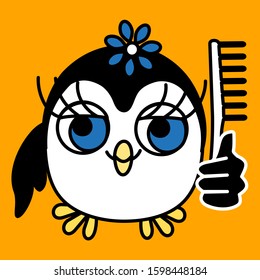 emoticon with a funny girl penguin, which is standing and holding a comb in his hand, vector color clip art