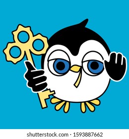 Emoticon with a funny happy penguin that stands and holds a key in his hand, color vector clip art on a blue isolated background