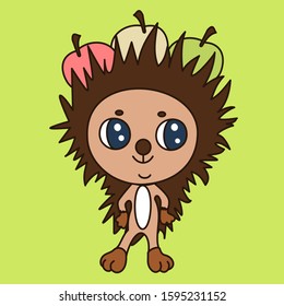 emoticon with a funny hedgehog, who is standing and smiling, and on his needles are threaded three colorful apples