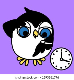 emoticon with a funny penguin who stands and looks at his watch, vector color clip art on isolated background