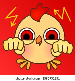 Emoticon with a funny red-eyed chick who stands and threatens with two fists on an isolated background with lightning bolts, color simple vector emoji