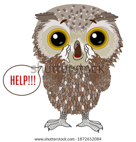 emoticon with a funny scared owl that stands with both palms to his mouth and screams Help, color vector clip art on  white isolated background