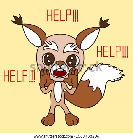 emoticon with a funny scared squirrel that stands with both palms to his mouth and screams Help, color vector clip art on isolated background