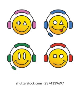 Emoticon gamer icon vector illustration. Set of emoji on isolated background. Headphones sign concept