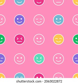 Emoticon gaming random particles seamless pattern. Baby child decorative texture or fabric design. Square vector pattern with colorful emoji smiles. Pink, blue, yellow and green repeat pattern.
