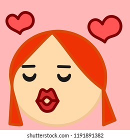 emoticon with girl that is kissing someone with lipsticked lips, female kiss with hearts flying around, circle shaped vector emoji in color, simplistic colorful pictogram