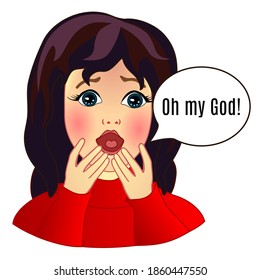 Emoticon with a girl who is horrified says Oh, God! color simple emoji on white isolated background, vector illustration